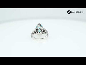 Sterling Silver Blue Topaz Quartz Teardrop Royal Heritage Ring With Balinese Engraving.