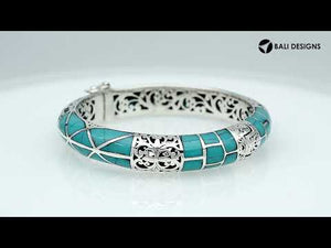 Sterling silver turquoise shell inlay hinged bangle with filigree design handcrafted in Bali.