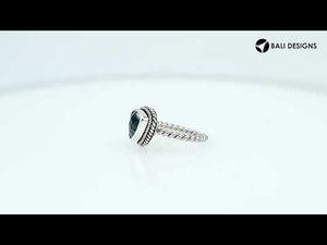 Sterling silver trillion Blue Topaz Quartz ring with faceted Blue Quartz and rope bezel, wholesale jewelry from Indonesia.