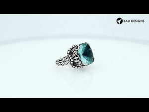 Wholesale sterling silver ring with cushion-cut Blue Topaz Quartz, filigree band, and bead detailing, handcrafted in Bali.