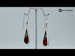 Sterling silver long teardrop earrings with Red Coral and Balinese scrollwork design.