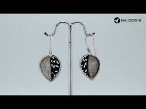 Sterling silver teardrop earrings with Mother of Pearl and Balinese scrollwork design.