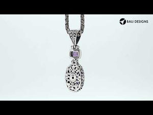 Wholesale sterling silver Amethyst pendant with oval and square gemstones, handcrafted Bali filigree and floral design, artisan jewelry for bulk orders.