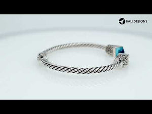 Sterling silver handcrafted bangle with blue topaz quartz, twisted rope Balinese cuff.