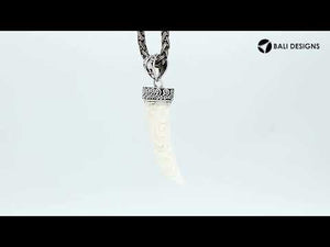 Sterling silver carved bone horn pendant featuring decorative Balinese patterned cap with polished finishing suitable for classic wholesale jewelry collections