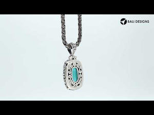 London Blue Topaz Quartz rectangular pendant in sterling silver with Balinese scroll design, wholesale handcrafted jewelry from Bali.