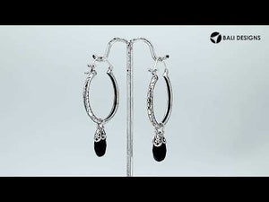 Wholesale sterling silver Black Onyx hoop earrings with faceted drop and Balinese handicraft design handcrafted in Bali