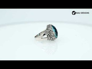 Sterling Silver Round Shape Blue Topaz Quartz Ring With Traditional Balinese Carving