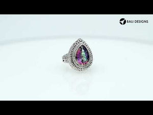 Sterling Silver Pear Shape Mystic Quartz Ring With Traditional Balinese Engraving