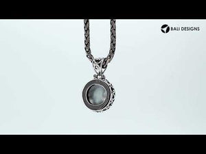 Sterling silver round pendant with Gray Mabe Pearl and scrollwork design, handcrafted in Bali