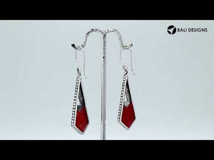 Sterling Silver Red Coral Tapered Geometric Dotted Drop Earrings