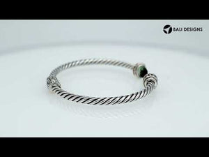 Sterling silver wholesale bangle with twisted rope design, Green Amethyst Quartz and Cubic Zirconia accents, handcrafted Balinese motifs.