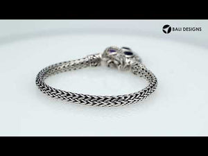 Sterling Silver Bali Amethyst Quartz Heart Charm Bracelet With Rope Chain And Toggle Clasp.