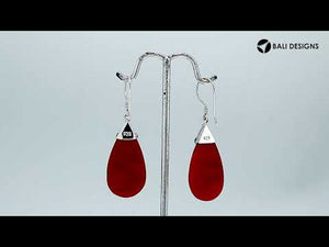 Red Coral teardrop silver earrings with swirl detailing