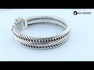 925 sterling silver 4x13 mm twisted Bali bracelet with oxidized rope design and engraved clasp.