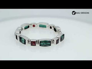 Sterling Silver Bali Handcrafted Green Quartz And Garnet Quartz Link Bracelet With Decorative Finish.
