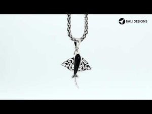 Sterling silver Mantaray pendant with black shell inlay, handcrafted Balinese nautical jewelry.