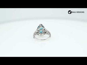 Sterling Silver London Blue Topaz Quartz Teardrop Royal Heritage Ring With Balinese Engraving.