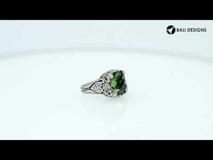 Sterling Silver Handcrafted Ornate Designer Ring With Green Amethyst Quartz