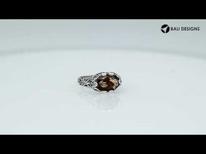 Sterling Silver val Shape Ring With Citrine Quartz ring with ornate Balinese scroll detailing