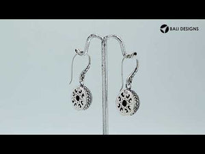 Sterling silver White Pearl round drop earrings with oxidized finish and earwire lock.