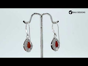 Wholesale Sterling Silver Garnet Quartz Teardrop Earrings With Detailed Balinese-Style Metalwork.