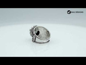 Sterling Silver Mystic Quartz Round Designer Ring With Ornate Band, Mirror Polished Oxidized Finish