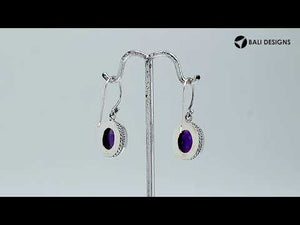 Wholesale sterling silver structured halo earrings with Amethyst Quartz and earwire lock.