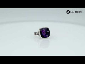 Sterling Silver Balinese Square-Cut Amethyst Quartz Ring With Engraved Band