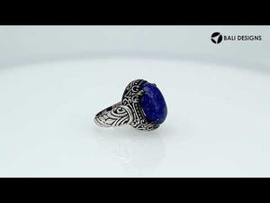 Sterling Silver Oval Shape Lapis Lazuli Ring With Balinese Engraved Band