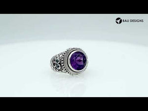 Wholesale sterling silver statement ring with faceted round amethyst quartz center and blue topaz quartz accents, Bali-inspired rope and scroll detailing – handcrafted artisan jewelry for resellers and bulk buyers.