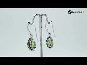 Wholesale Sterling Silver Peridot Quartz Teardrop Earrings With Detailed Balinese-Style Metalwork.