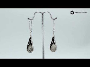 Sterling silver long teardrop earrings with Black Shell and Balinese scrollwork design.