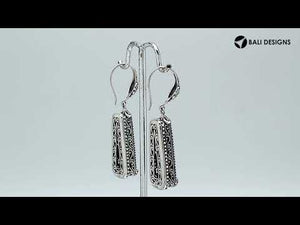 Sterling silver Green Quartz long floral drop earrings with oxidized finish and earwire lock.