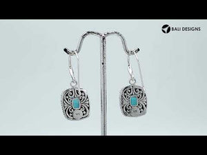 Sterling Silver Cushion London Blue Topaz Quartz Earrings With Ornate Scroll Frame Handcrafted In Bali