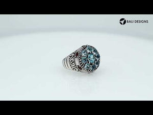 Wholesale sterling silver cluster ring with blue topaz quartz and ruby accents – bulk artisan statement jewelry for resellers.