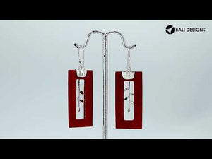 Red Coral silver rectangular botanical earrings with earwire