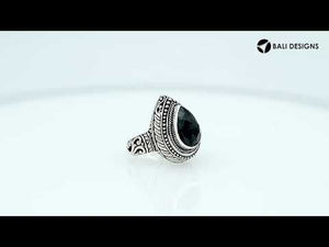 Sterling Silver Pear Shape Blue Sapphire Quartz Ring With Traditional Balinese Carving