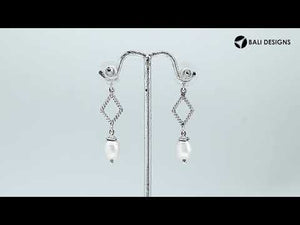 Sterling Silver Fresh Water Pearl diamond drop earrings handcrafted in Bali with rope texture and polished finish.