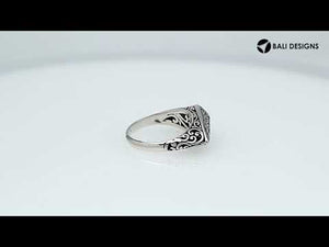 Sterling Silver geometric shield ring with oxidized Balinese filigree pattern