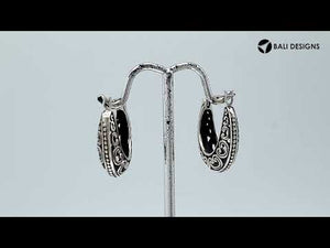 Wholesale Sterling Silver patterned hoop earrings with oxidized swirl and beaded detailing.