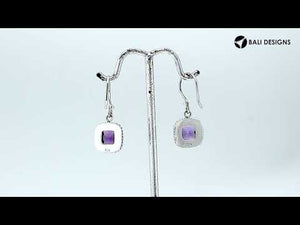 Sterling silver cushion cut amethyst quartz dangle earrings with rope frame handcrafted in Bali.