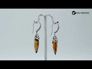 Sterling Silver Long Marquise Citrine Quartz Earrings With Ornate Scroll Caps Handcrafted In Bali