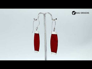 Sterling silver earring with Red Coral long curved drop design, handcrafted wholesale jewelry from Bali