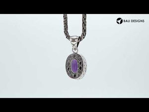 Sterling silver oval pendant with faceted Blue Topaz Quartz and Balinese scroll back, wholesale jewelry.