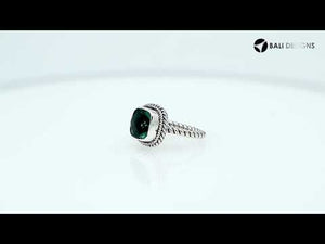 Sterling Silver Rope Band Ring With Green Quartz Cushion Center