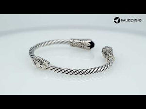 Sterling silver handcrafted bangle with Amethyst Quartz, twisted rope Balinese design.