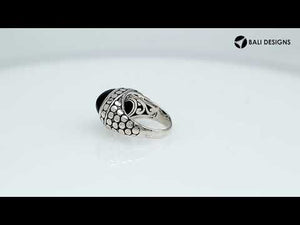 Wholesale 925 Sterling Silver ring with oval Black Onyx cabochon and dotted Balinese silver design