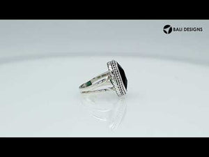 Wholesale sterling silver ring with faceted oval Green Quartz , Balinese beaded border design – bulk handcrafted statement jewelry.