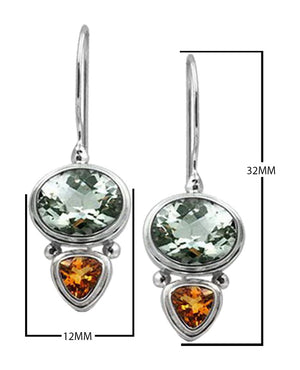 Sterling silver earring with Green Amethyst Quartz and Citrine Quartz dual drop design, handcrafted wholesale jewelry from Bali